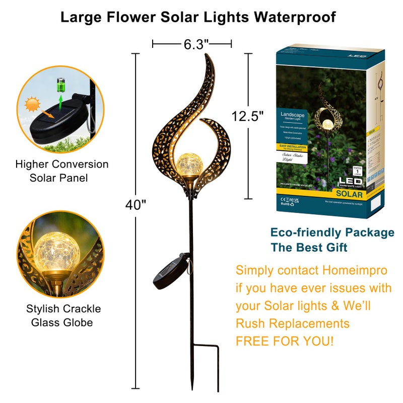HOMEIMPRO Outdoor Garden Solar Lights Stake Waterproof, Mothers Day Gifts Mom, Crackle Glass Metal Flower LED Yard Art Ornaments Lights for Pathway, Lawn or Courtyard,Gardening Gifts Women (Bronze) - Image 4